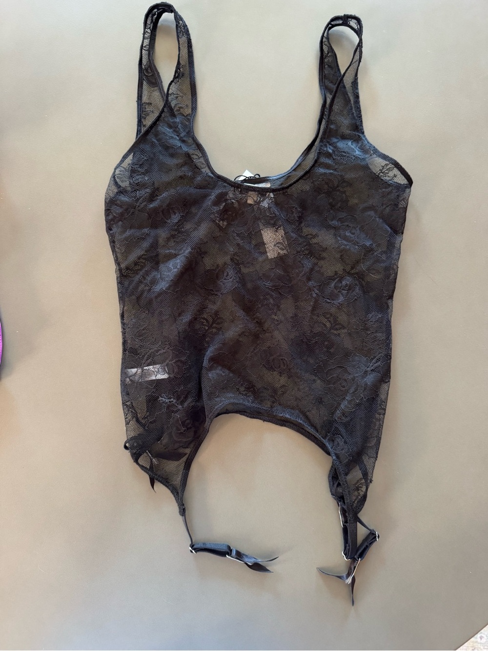 Fleur De Mal Sheer Black Lace Garter Bodysuit NWT